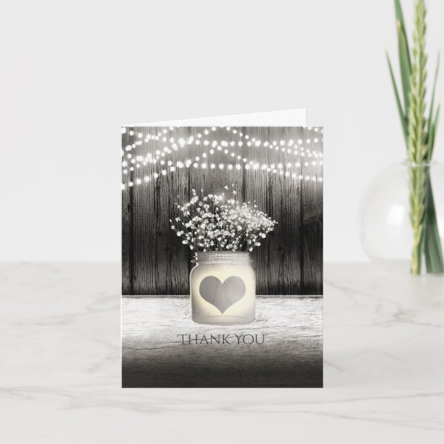 Heart Mason Jar & Baby's Breath Rustic Thank You Card (Front)