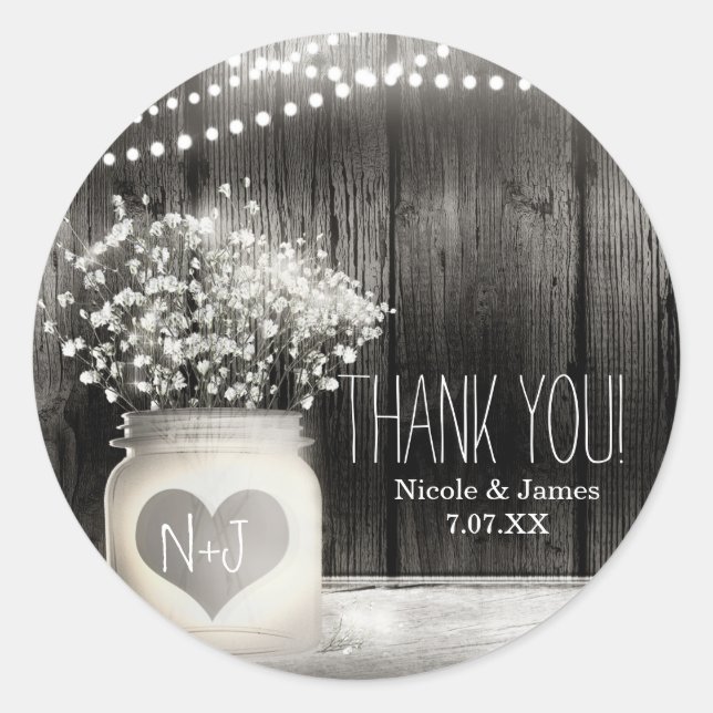 Heart Mason Jar & Baby's Breath Rustic Wedding Classic Round Sticker (Front)