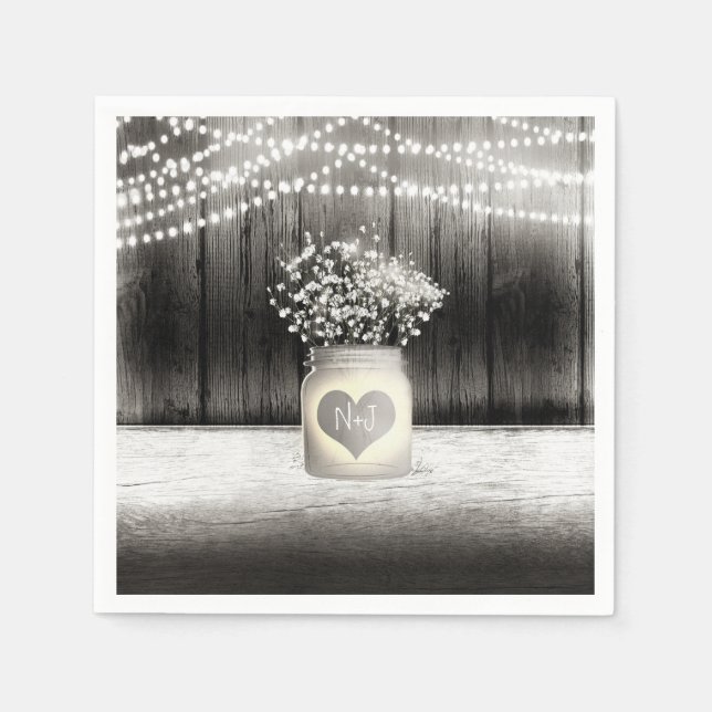 Heart Mason Jar & Baby's Breath Rustic Wedding Napkin (Front)