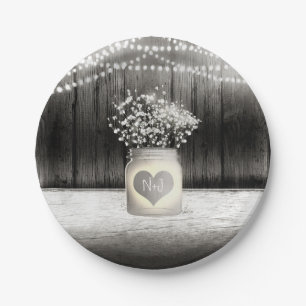 Heart Mason Jar & Baby's Breath Rustic Wedding Paper Plate