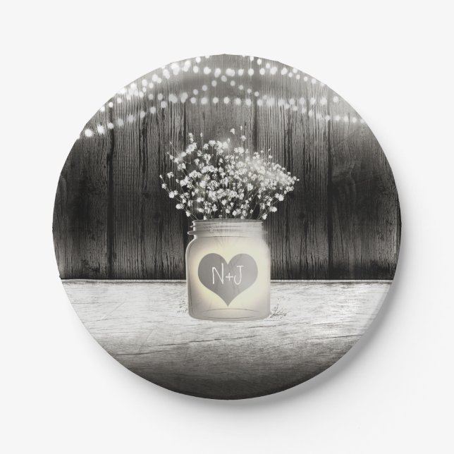 Heart Mason Jar & Baby's Breath Rustic Wedding Paper Plate (Front)