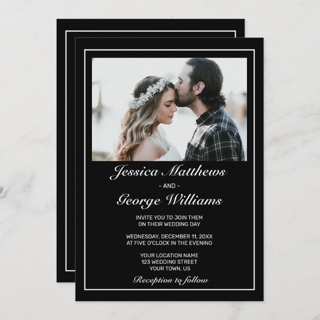 Heart Modern Minimalist Black Photo Wedding Invitation (Front/Back)