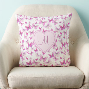 Heart Monogram Cute Pink Butterfly Throw Pillow