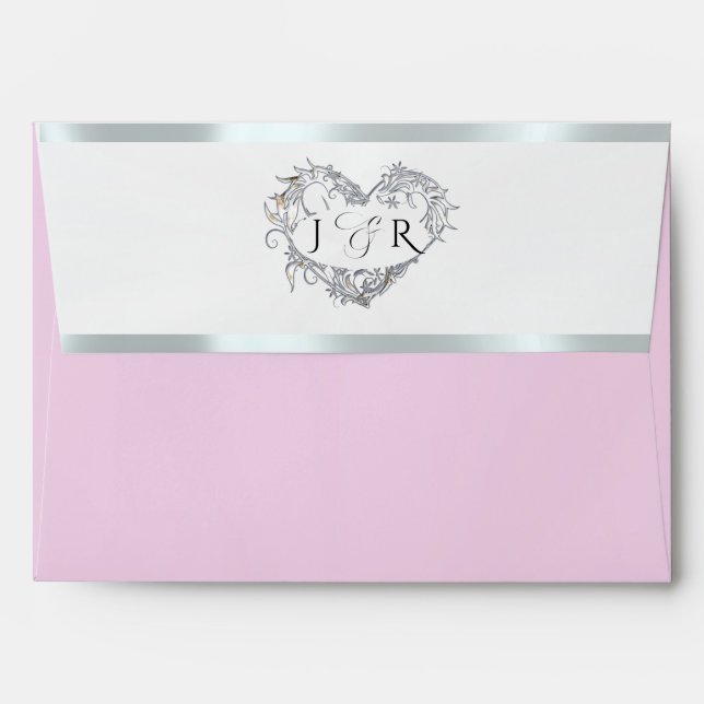 Heart Monogram & Flower- Pink/Silver Wedding Envelope (Back (Top Flap))