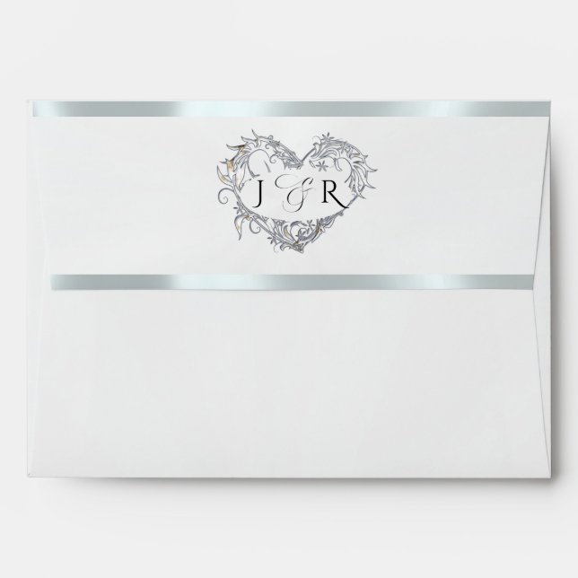 Heart Monogram & Flower - White/Silver Wedding Envelope (Back (Top Flap))