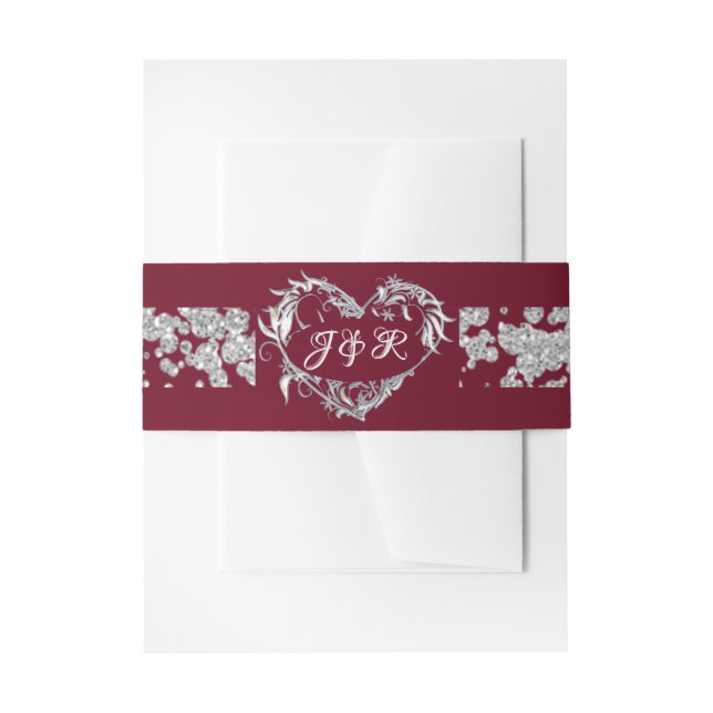 Heart Monogram & Glitter on Burgundy Invitation Belly Band (Front Example)