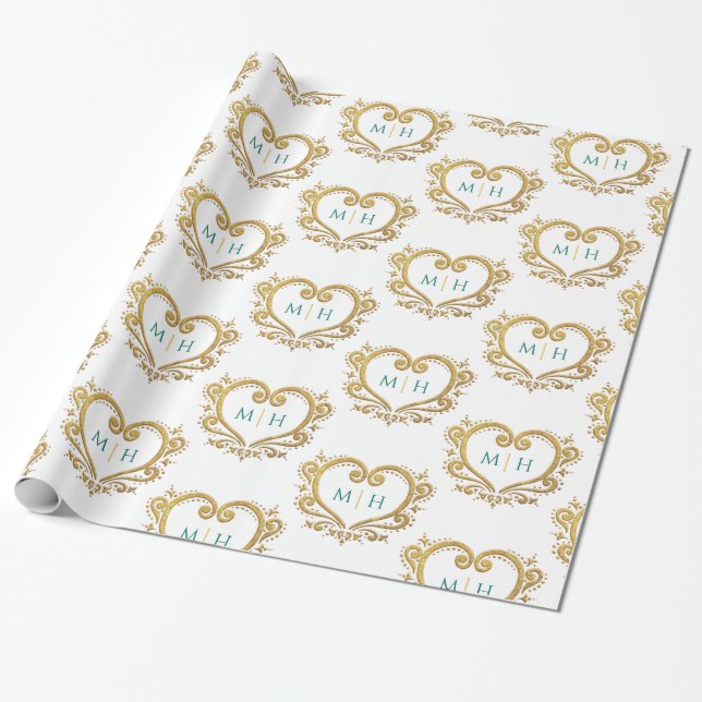 Heart monogram gold dark green on white wedding wrapping paper (Unrolled)