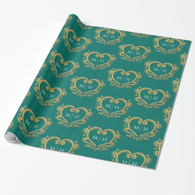 Heart monogram gold on dark green wedding wrapping paper (Unrolled)