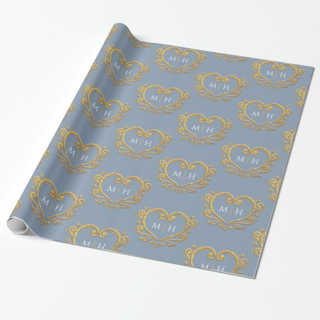 Heart monogram gold on dusty blue wedding wrapping paper (Unrolled)