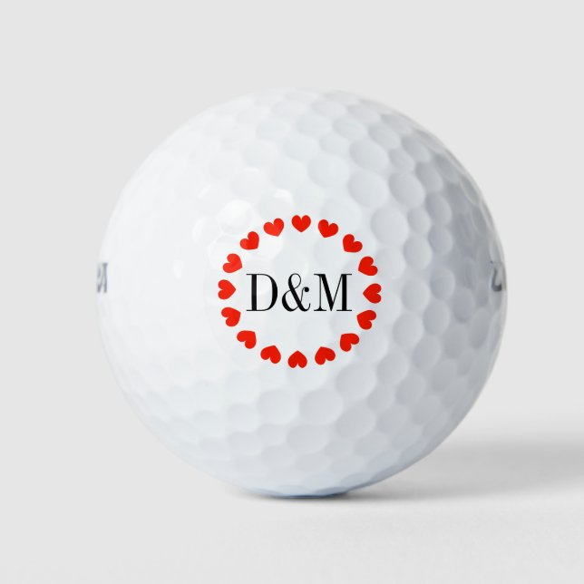 Heart monogram golf ball set for wedding couple (Front)