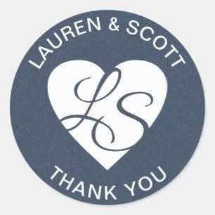 Heart Monogram Navy Blue and White Classic Round Sticker