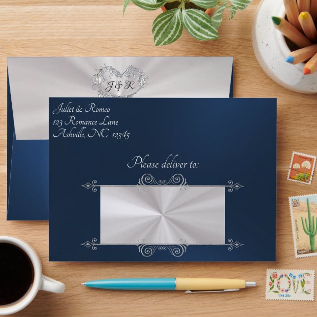 Heart & Monogram on Blue Wedding Envelope (Desk)