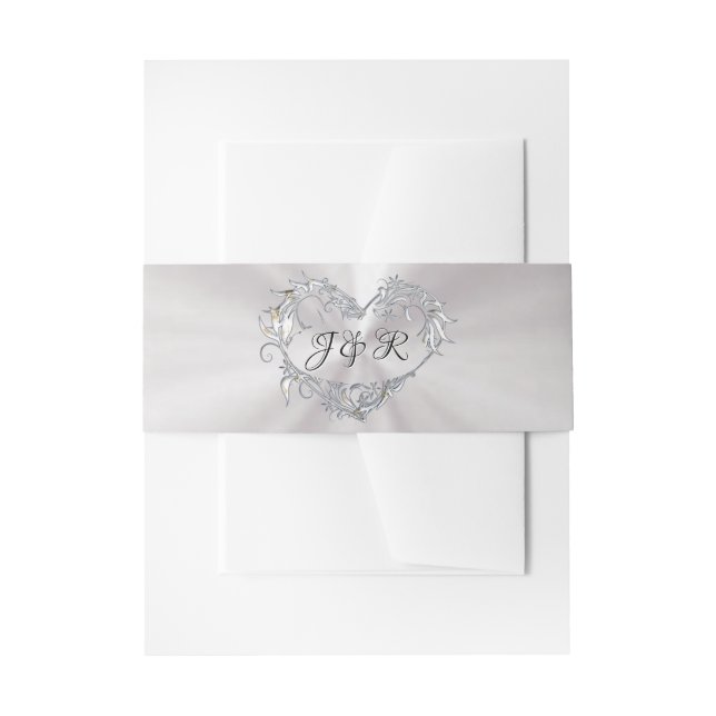 Heart Monogram on White Pearl Invitation Belly Band (Front Example)