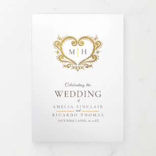 Heart monogram photo gold brown wedding program Tri-Fold programme