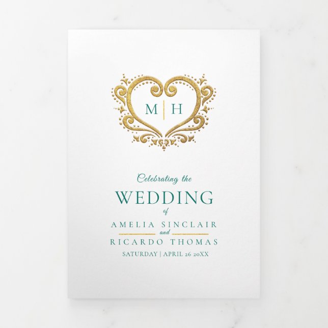 Heart monogram photo gold green wedding program Tri-Fold programme (Cover)