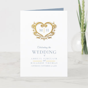 Heart monogram photo gold grey blue wedding program