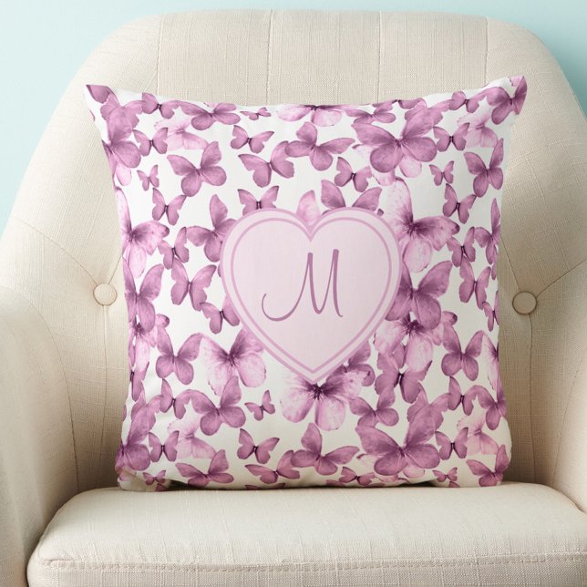 Heart Monogram Pink Butterfly Throw Pillow (Creator Uploaded)