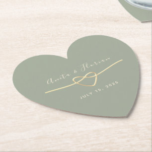 Heart Monogram Sage Green Wedding Paper Coaster