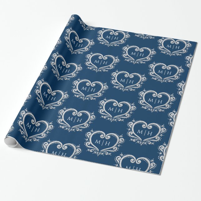 Heart monogram silver on dark blue wedding wrapping paper (Unrolled)