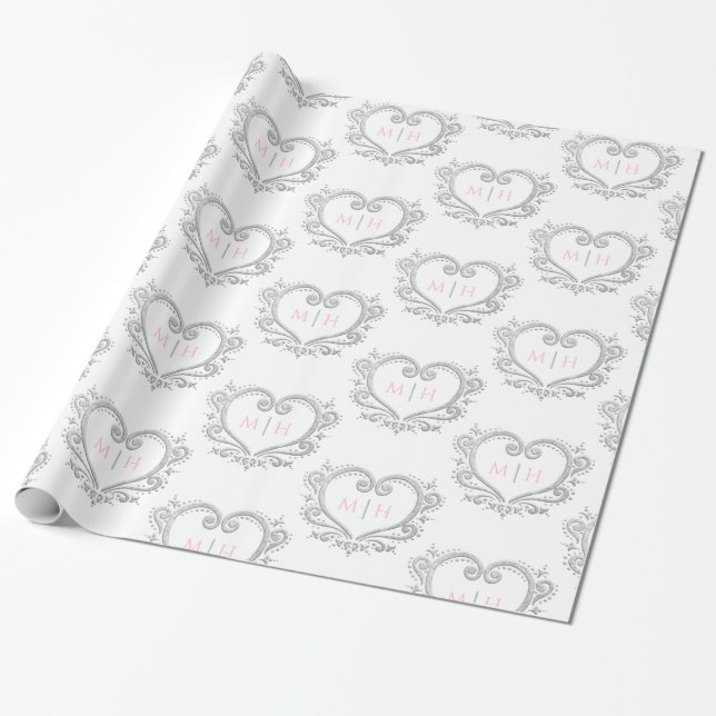 Heart monogram silver white pink initials wedding wrapping paper (Unrolled)