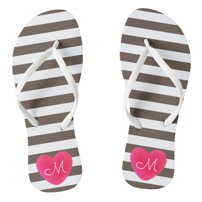 Heart Monogram with Brown and White Stripes Flip Flops (Footbed)