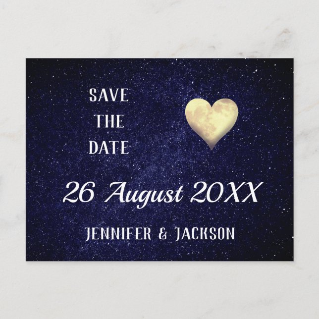 Heart Moon Night Sky Save the Date Invitation Postcard (Front)