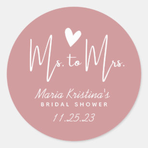 Heart Ms to Mrs Bridal Shower Puce Pink Classic Round Sticker