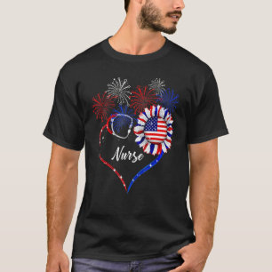 Heart Nurse Flower Happy 4th Of July Independence T-Shirt