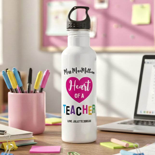 Heart of a Teacher Gift Pink Black Script 710 Ml Water Bottle (Creator Uploaded)