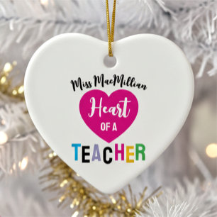 Heart of a Teacher Gift Pink Black Script Ceramic Ornament