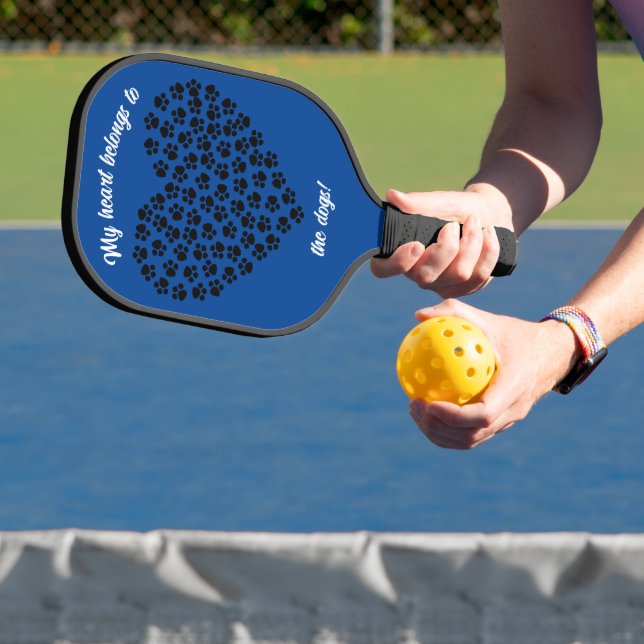 Heart of Black Paw Prints Double Sided Blue Pickleball Paddle (Insitu)