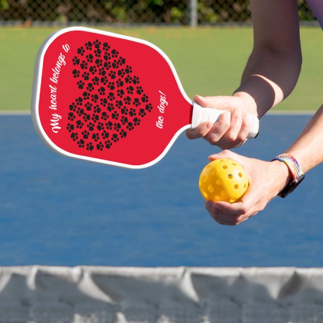 Heart of Black Paw Prints Double Sided Red Pickleball Paddle (Insitu)