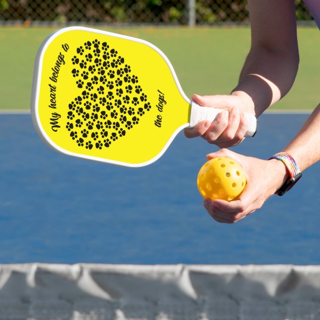 Heart of Black Paw Prints Double Sided Yellow Pickleball Paddle (Insitu)