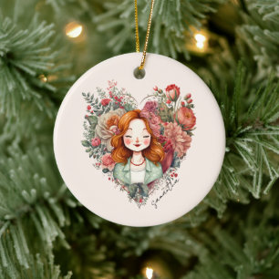 Heart of Blooms - Woman Framed in Floral Heart Ceramic Ornament