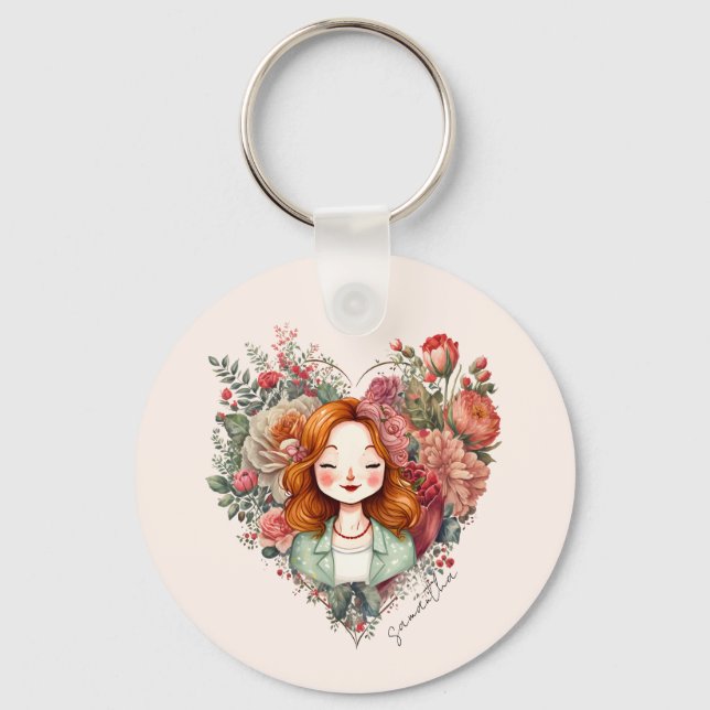Heart of Blooms - Woman Framed in Floral Heart Keychain (Front)