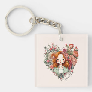 Heart of Blooms - Woman Framed in Floral Heart Keychain