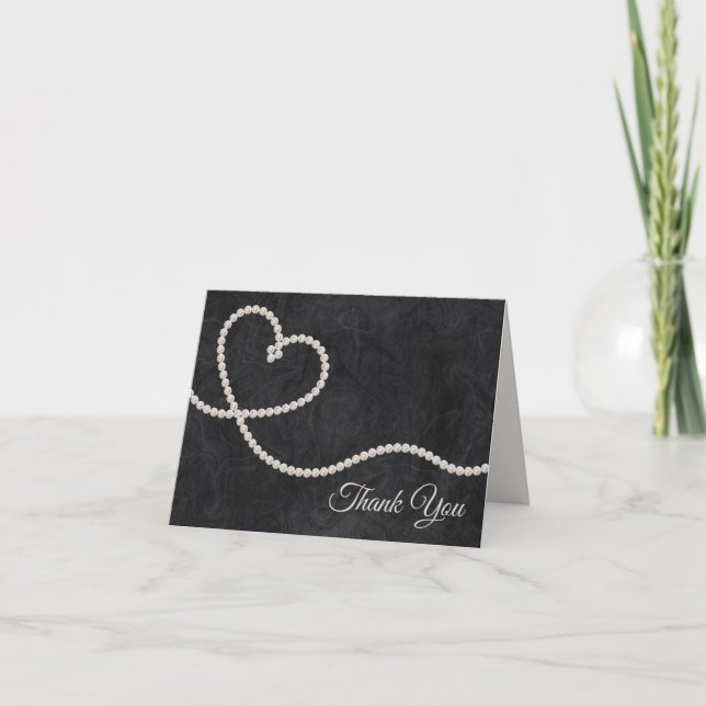 Heart of Pearls on Black Wedding Thank You Card (Front)