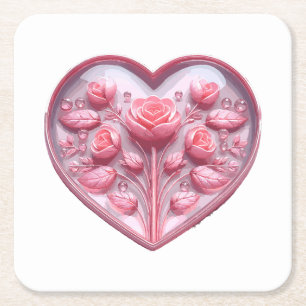 Heart Of Roses Square Paper Coaster