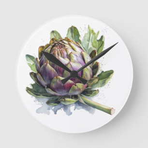 Heart of the Garden: Artichoke in Watercolor Round Clock