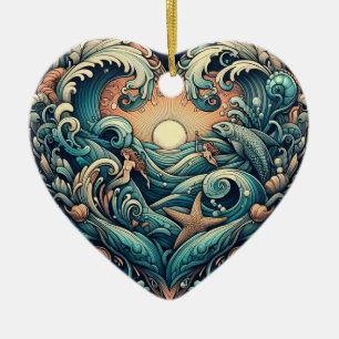 Heart of the Sea: Mermaid & Fish Ceramic Ornament
