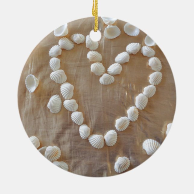 Heart of White Sea Shells, Summer Beach Ocean Love Ceramic Ornament (Back)