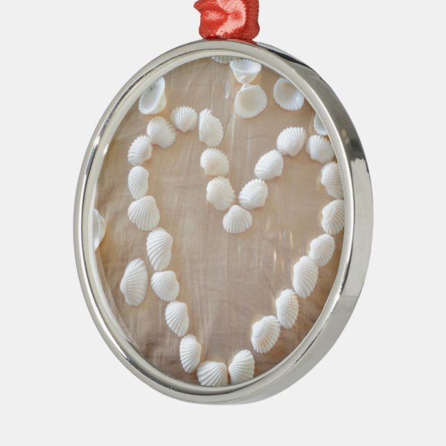 Heart of White Sea Shells, Summer Beach Ocean Love Metal Ornament (Left)