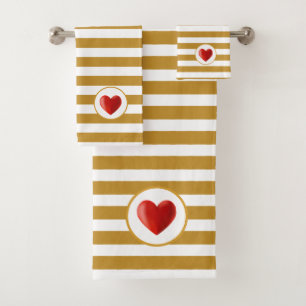 Heart on  Golden & White Striped Bath Towel Set