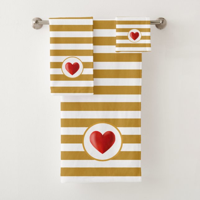 Heart on  Golden & White Striped Bath Towel Set (Insitu)