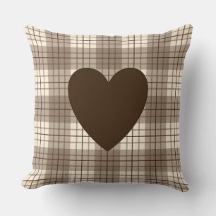 Heart on Plaid Browns & Cream Throw Pillow