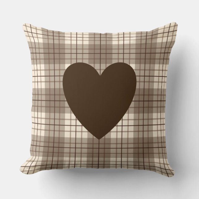 Heart on Plaid Browns & Cream Throw Pillow (Front)