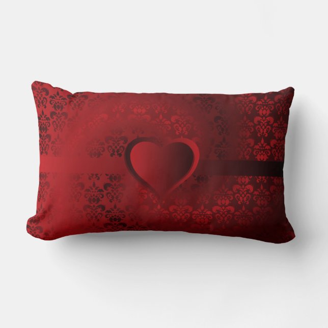 Heart on red damask lumbar pillow (Front)