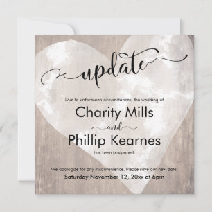 Heart on Wood Postponed Wedding Update Card