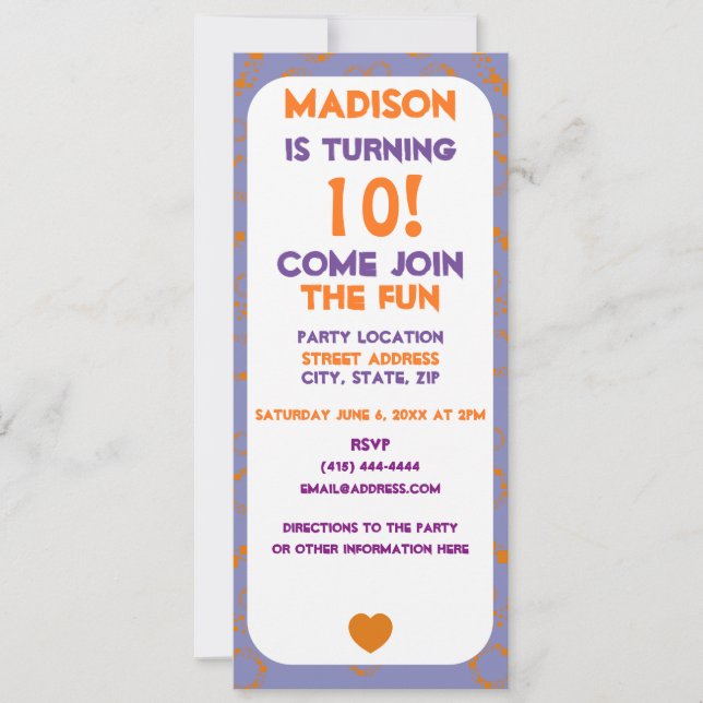 Heart Orange Purple Squares Circles Dots Birthday Invitation (Front)