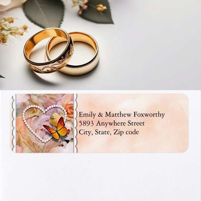 Heart Orange Rose Papillons Couple Adresse (Heart Orange Roses Butterflies Couple Address Label)